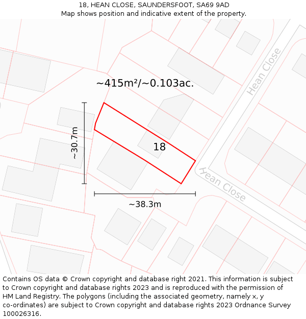 18, HEAN CLOSE, SAUNDERSFOOT, SA69 9AD: Plot and title map