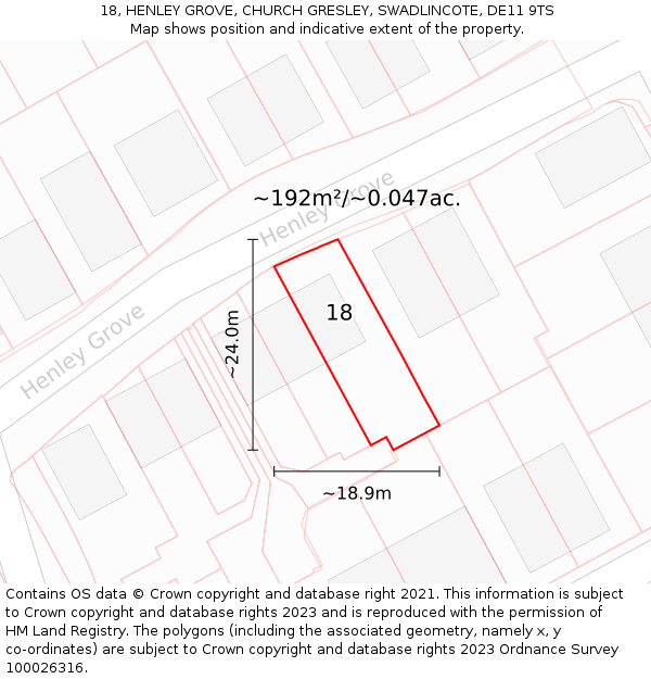 18, HENLEY GROVE, CHURCH GRESLEY, SWADLINCOTE, DE11 9TS: Plot and title map