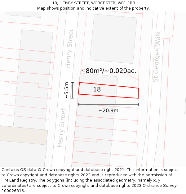 18, HENRY STREET, WORCESTER, WR1 1RB: Plot and title map