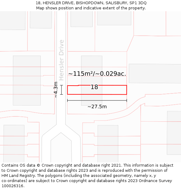 18, HENSLER DRIVE, BISHOPDOWN, SALISBURY, SP1 3DQ: Plot and title map