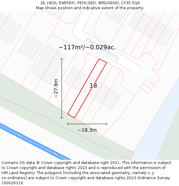 18, HEOL EWENNY, PENCOED, BRIDGEND, CF35 5QA: Plot and title map