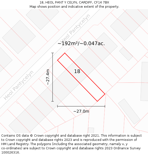 18, HEOL PANT Y CELYN, CARDIFF, CF14 7BX: Plot and title map