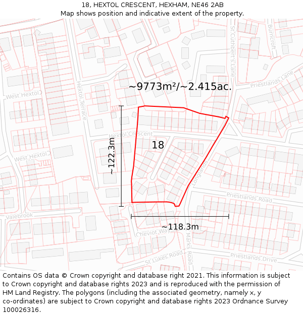 18, HEXTOL CRESCENT, HEXHAM, NE46 2AB: Plot and title map