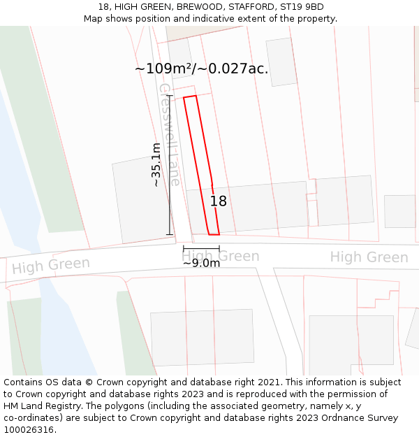 18, HIGH GREEN, BREWOOD, STAFFORD, ST19 9BD: Plot and title map