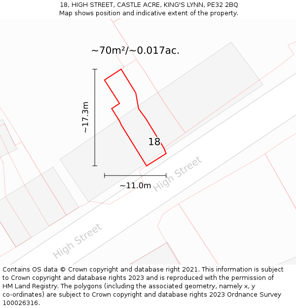 18, HIGH STREET, CASTLE ACRE, KING'S LYNN, PE32 2BQ: Plot and title map