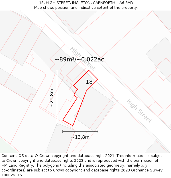 18, HIGH STREET, INGLETON, CARNFORTH, LA6 3AD: Plot and title map