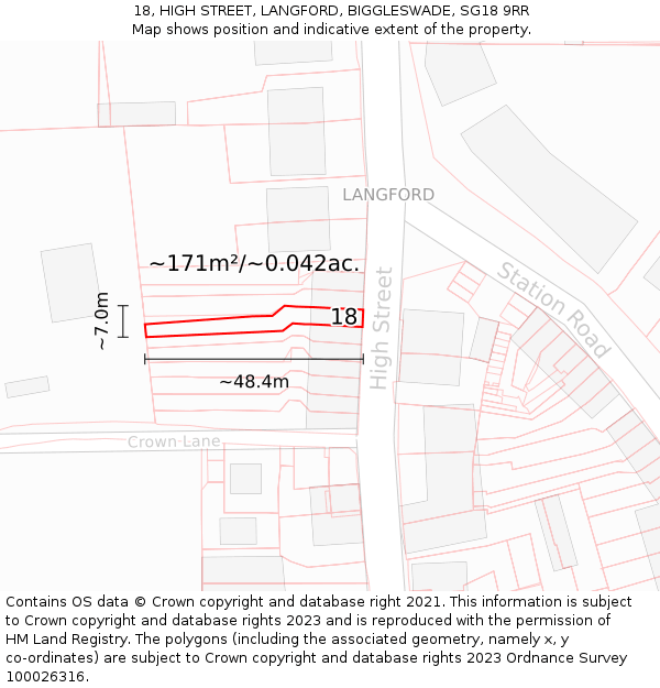 18, HIGH STREET, LANGFORD, BIGGLESWADE, SG18 9RR: Plot and title map