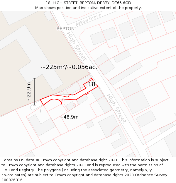 18, HIGH STREET, REPTON, DERBY, DE65 6GD: Plot and title map