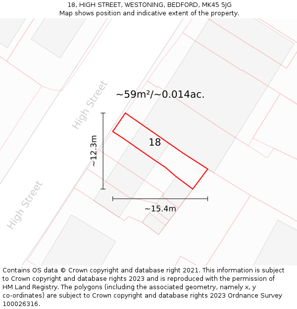 18, HIGH STREET, WESTONING, BEDFORD, MK45 5JG: Plot and title map