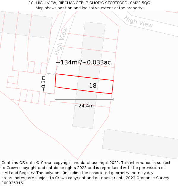 18, HIGH VIEW, BIRCHANGER, BISHOP'S STORTFORD, CM23 5QG: Plot and title map
