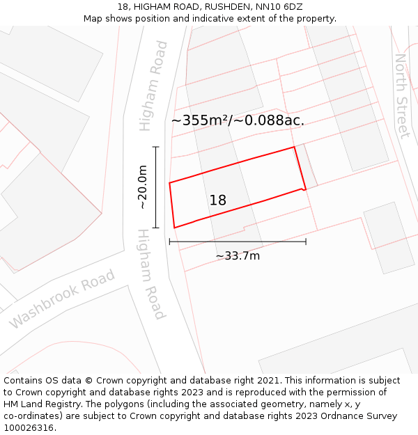 18, HIGHAM ROAD, RUSHDEN, NN10 6DZ: Plot and title map