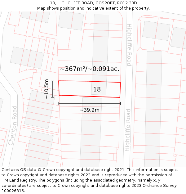 18, HIGHCLIFFE ROAD, GOSPORT, PO12 3RD: Plot and title map