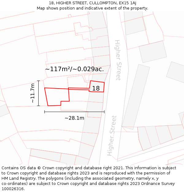 18, HIGHER STREET, CULLOMPTON, EX15 1AJ: Plot and title map
