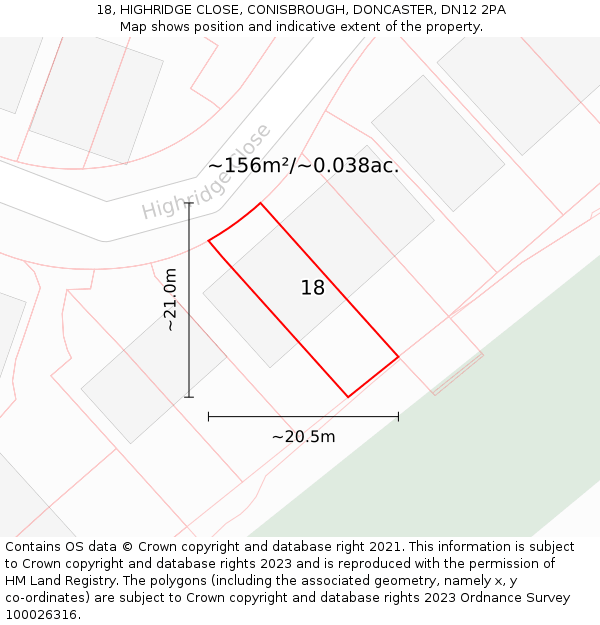18, HIGHRIDGE CLOSE, CONISBROUGH, DONCASTER, DN12 2PA: Plot and title map