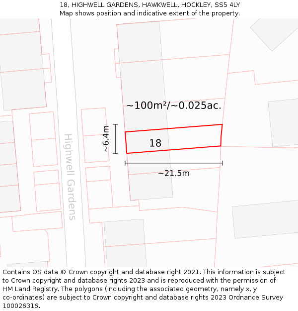 18, HIGHWELL GARDENS, HAWKWELL, HOCKLEY, SS5 4LY: Plot and title map