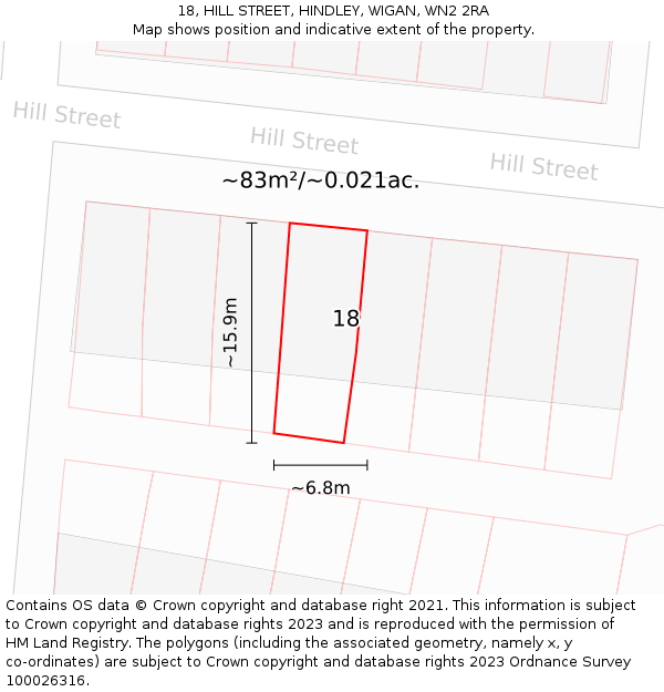 18, HILL STREET, HINDLEY, WIGAN, WN2 2RA: Plot and title map