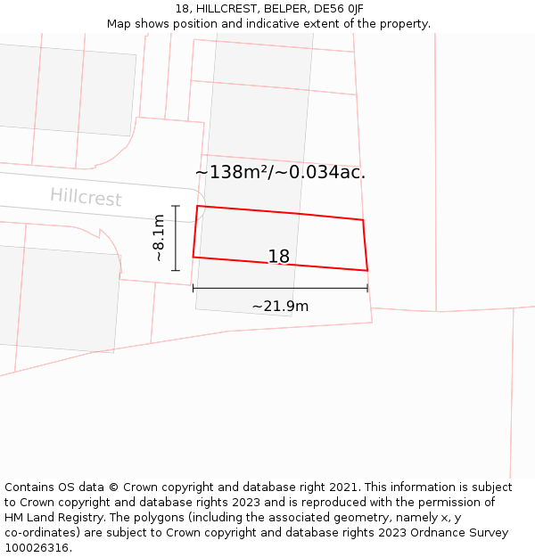 18, HILLCREST, BELPER, DE56 0JF: Plot and title map