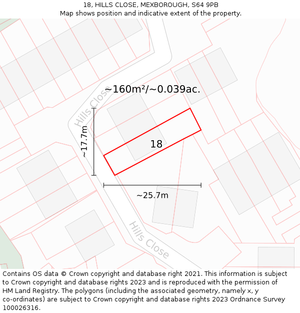 18, HILLS CLOSE, MEXBOROUGH, S64 9PB: Plot and title map