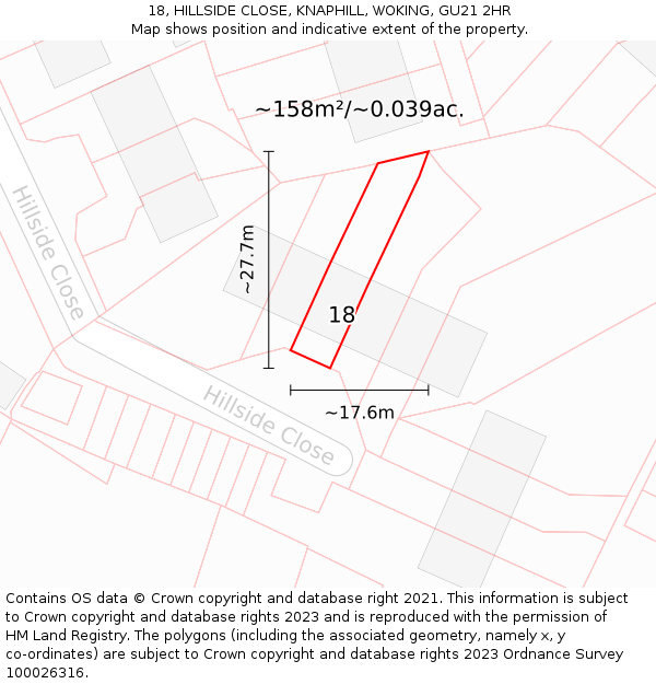 18, HILLSIDE CLOSE, KNAPHILL, WOKING, GU21 2HR: Plot and title map