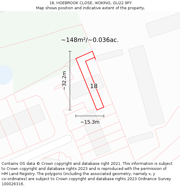 18, HOEBROOK CLOSE, WOKING, GU22 9PY: Plot and title map