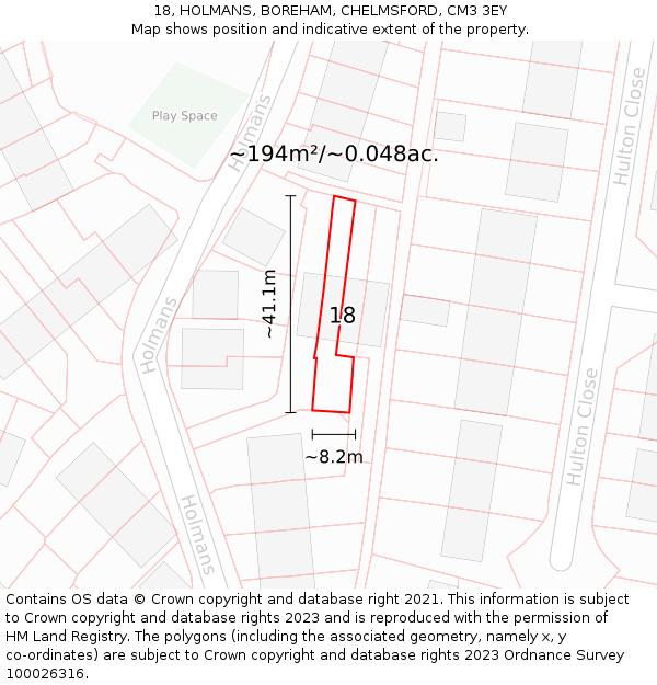 18, HOLMANS, BOREHAM, CHELMSFORD, CM3 3EY: Plot and title map