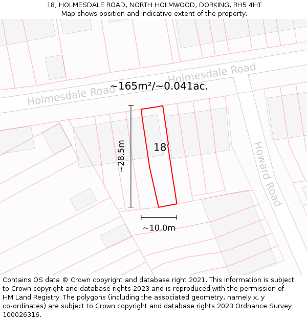 18, HOLMESDALE ROAD, NORTH HOLMWOOD, DORKING, RH5 4HT: Plot and title map