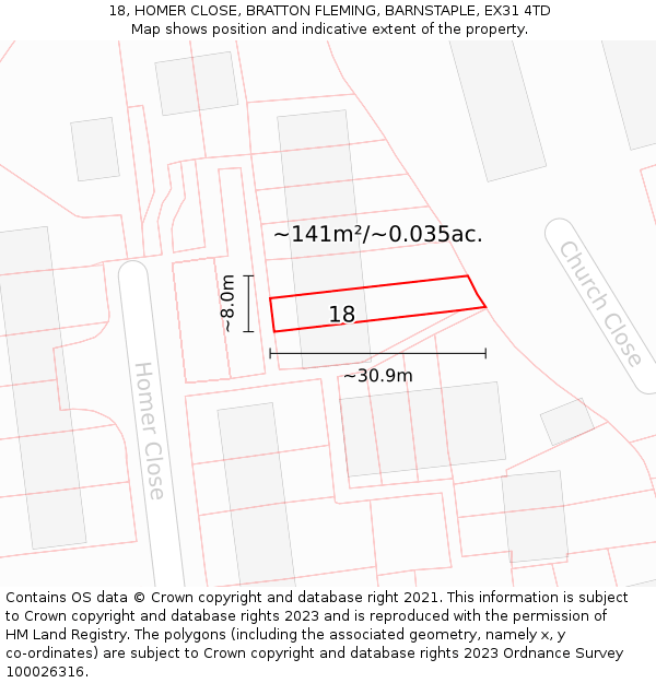 18, HOMER CLOSE, BRATTON FLEMING, BARNSTAPLE, EX31 4TD: Plot and title map