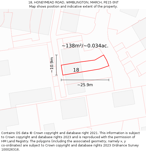 18, HONEYMEAD ROAD, WIMBLINGTON, MARCH, PE15 0NT: Plot and title map