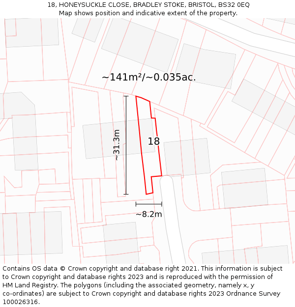 18, HONEYSUCKLE CLOSE, BRADLEY STOKE, BRISTOL, BS32 0EQ: Plot and title map