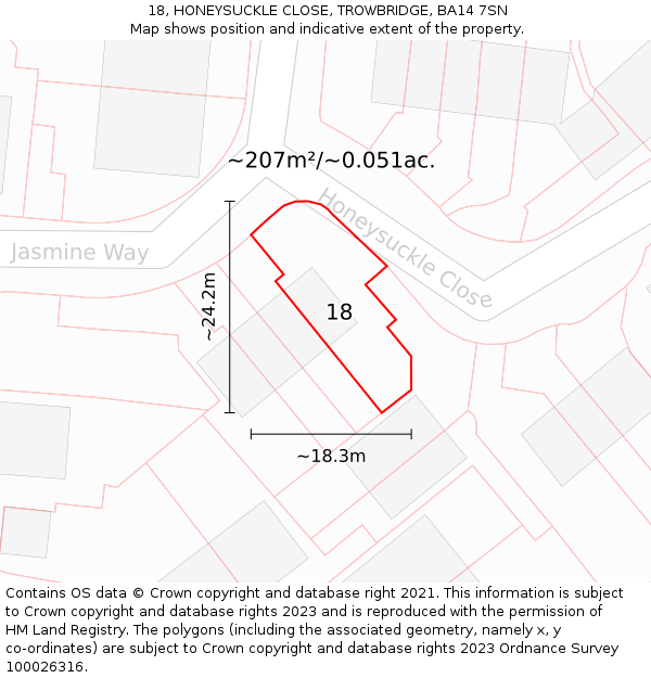 18, HONEYSUCKLE CLOSE, TROWBRIDGE, BA14 7SN: Plot and title map
