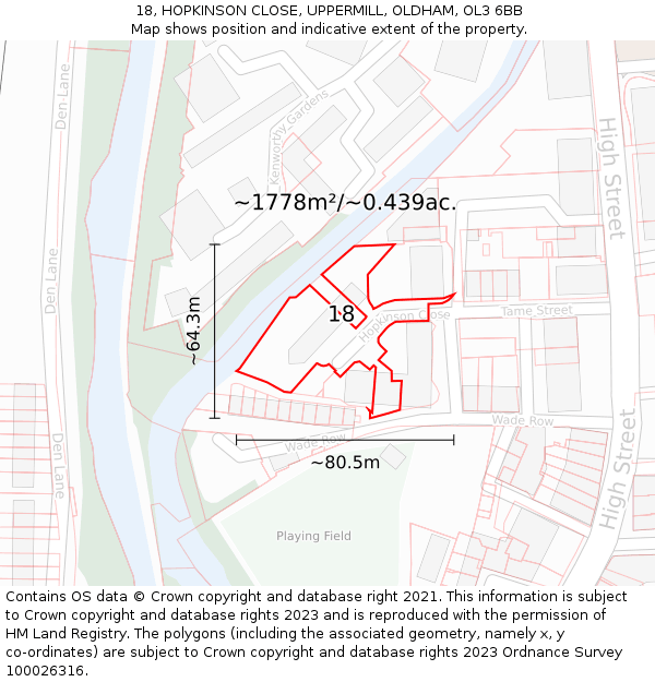 18, HOPKINSON CLOSE, UPPERMILL, OLDHAM, OL3 6BB: Plot and title map