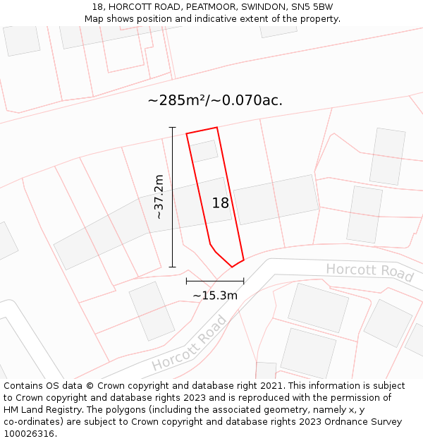 18, HORCOTT ROAD, PEATMOOR, SWINDON, SN5 5BW: Plot and title map