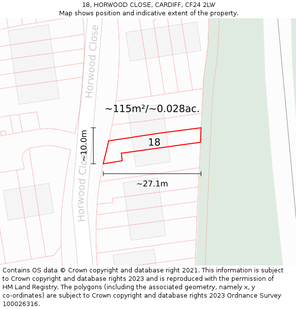 18, HORWOOD CLOSE, CARDIFF, CF24 2LW: Plot and title map