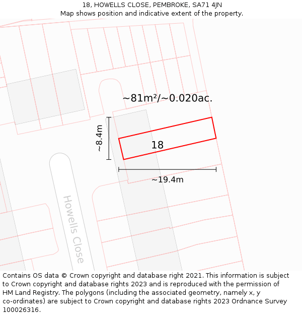 18, HOWELLS CLOSE, PEMBROKE, SA71 4JN: Plot and title map