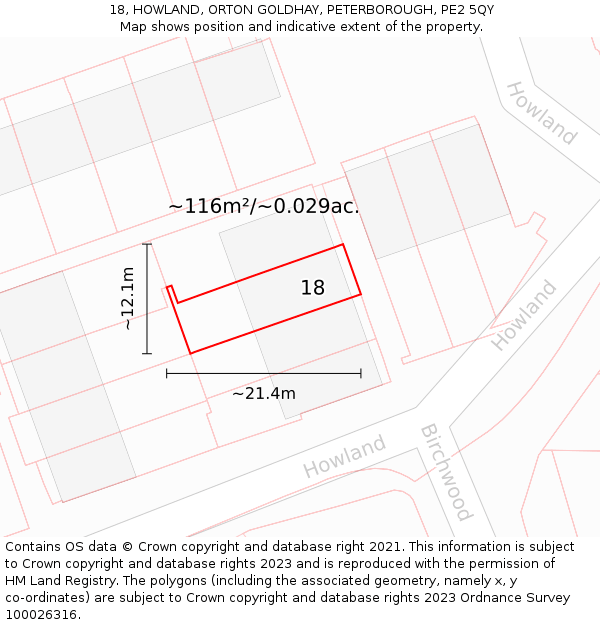 18, HOWLAND, ORTON GOLDHAY, PETERBOROUGH, PE2 5QY: Plot and title map