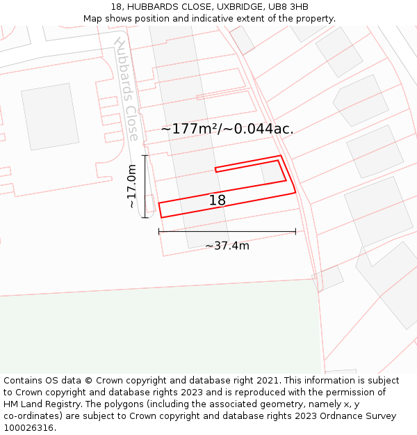18, HUBBARDS CLOSE, UXBRIDGE, UB8 3HB: Plot and title map