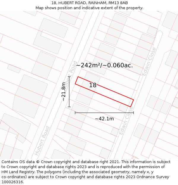 18, HUBERT ROAD, RAINHAM, RM13 8AB: Plot and title map
