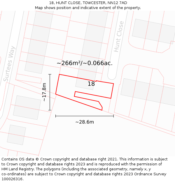18, HUNT CLOSE, TOWCESTER, NN12 7AD: Plot and title map