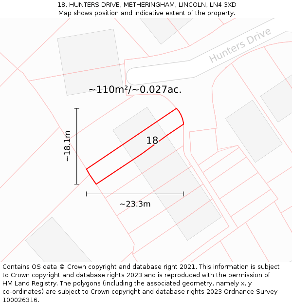 18, HUNTERS DRIVE, METHERINGHAM, LINCOLN, LN4 3XD: Plot and title map