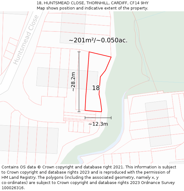 18, HUNTSMEAD CLOSE, THORNHILL, CARDIFF, CF14 9HY: Plot and title map