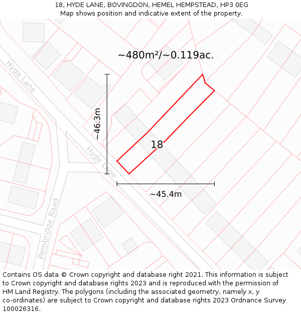 18, HYDE LANE, BOVINGDON, HEMEL HEMPSTEAD, HP3 0EG: Plot and title map