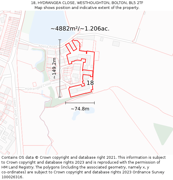 18, HYDRANGEA CLOSE, WESTHOUGHTON, BOLTON, BL5 2TF: Plot and title map