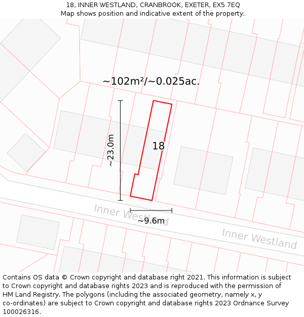 18, INNER WESTLAND, CRANBROOK, EXETER, EX5 7EQ: Plot and title map