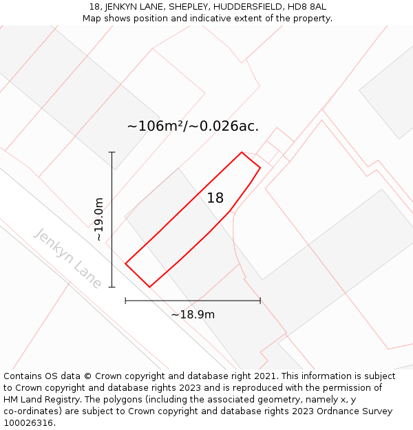 18, JENKYN LANE, SHEPLEY, HUDDERSFIELD, HD8 8AL: Plot and title map