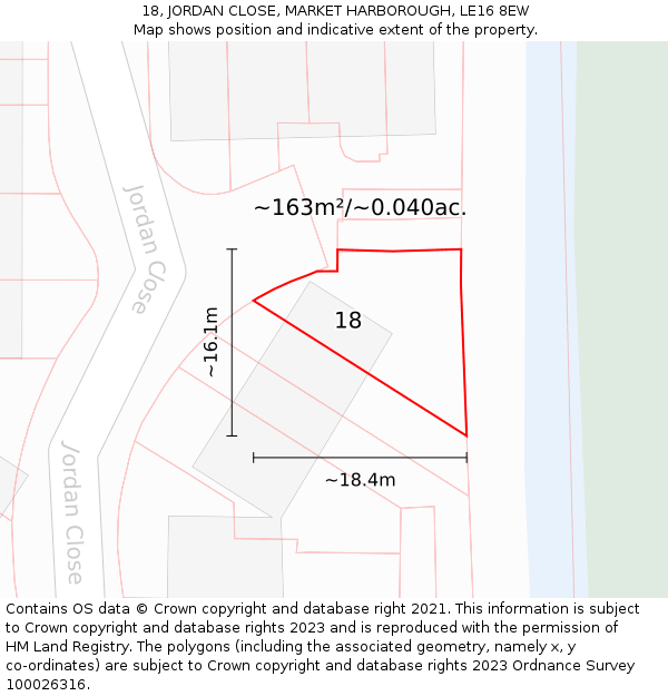 18, JORDAN CLOSE, MARKET HARBOROUGH, LE16 8EW: Plot and title map