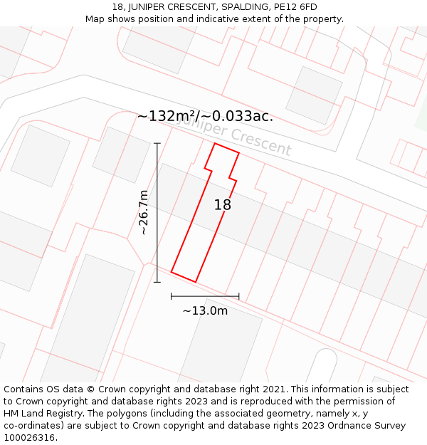 18, JUNIPER CRESCENT, SPALDING, PE12 6FD: Plot and title map