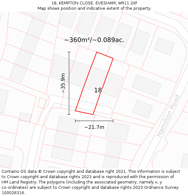 18, KEMPTON CLOSE, EVESHAM, WR11 2XF: Plot and title map