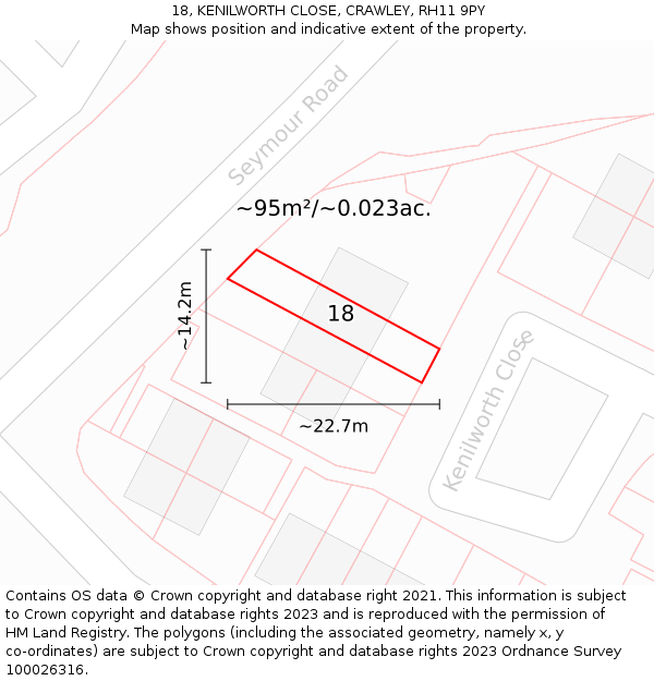 18, KENILWORTH CLOSE, CRAWLEY, RH11 9PY: Plot and title map