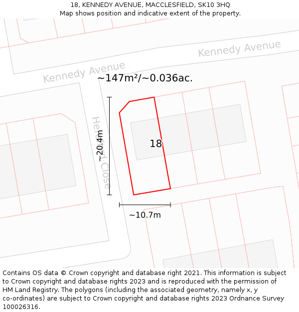 18, KENNEDY AVENUE, MACCLESFIELD, SK10 3HQ: Plot and title map