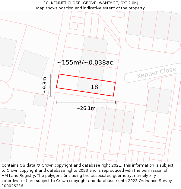18, KENNET CLOSE, GROVE, WANTAGE, OX12 0NJ: Plot and title map